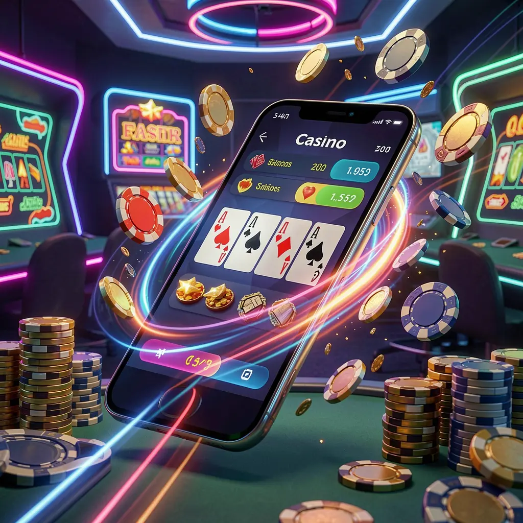 88KITA fast casino app access visual showing a smartphone with speed light trails, coins and chips flying around against a modern neon casino background in a dynamic 3D render