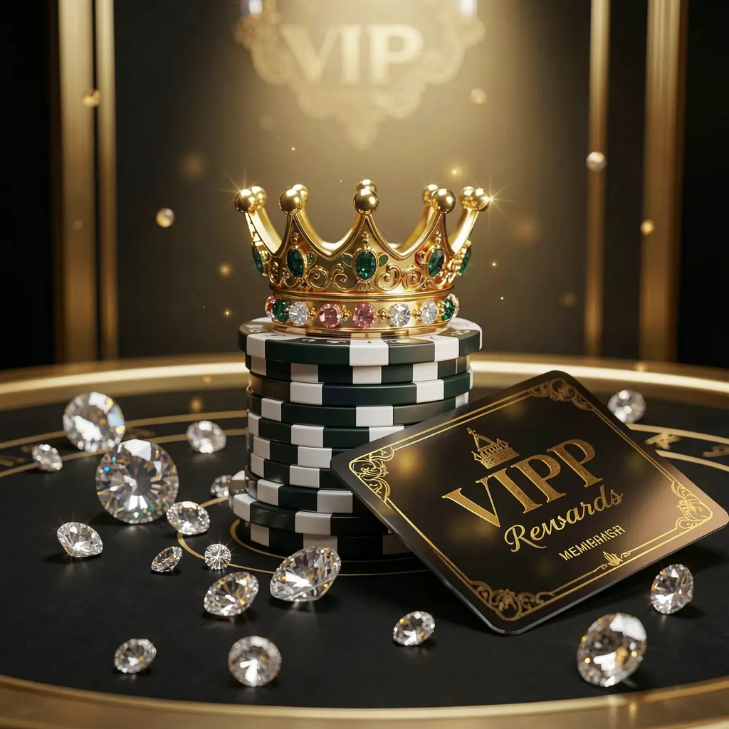 Elegant golden crown placed on top of poker chips with sparkling diamonds and a premium membership card against a luxury black and gold background, showcasing the exclusive high-end casino atmosphere of 88KITA VIP casino rewards
