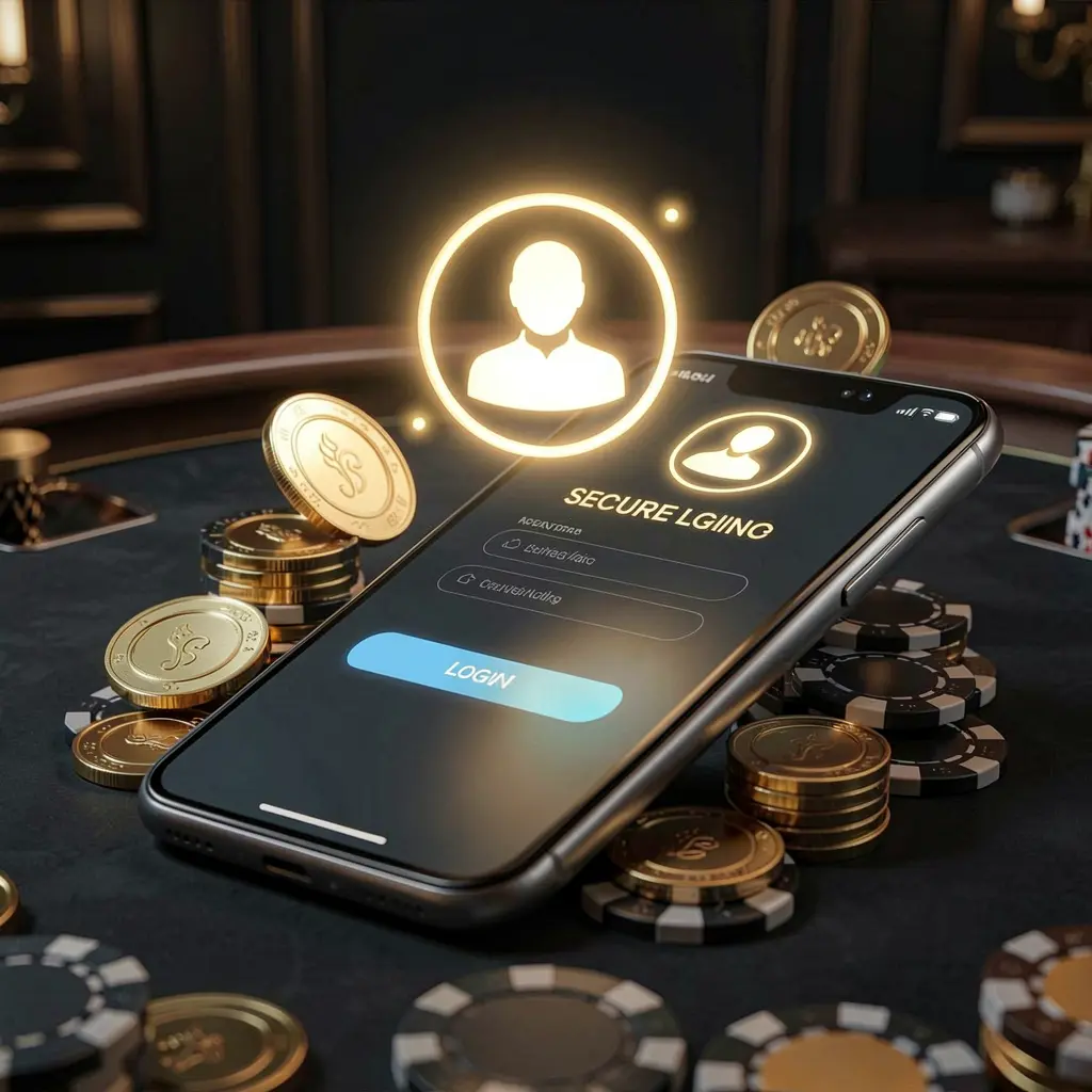 88KITA online casino login page hero banner featuring a modern smartphone with a secure login screen, glowing user profile icon, and golden coins and poker chips against a dark luxury background