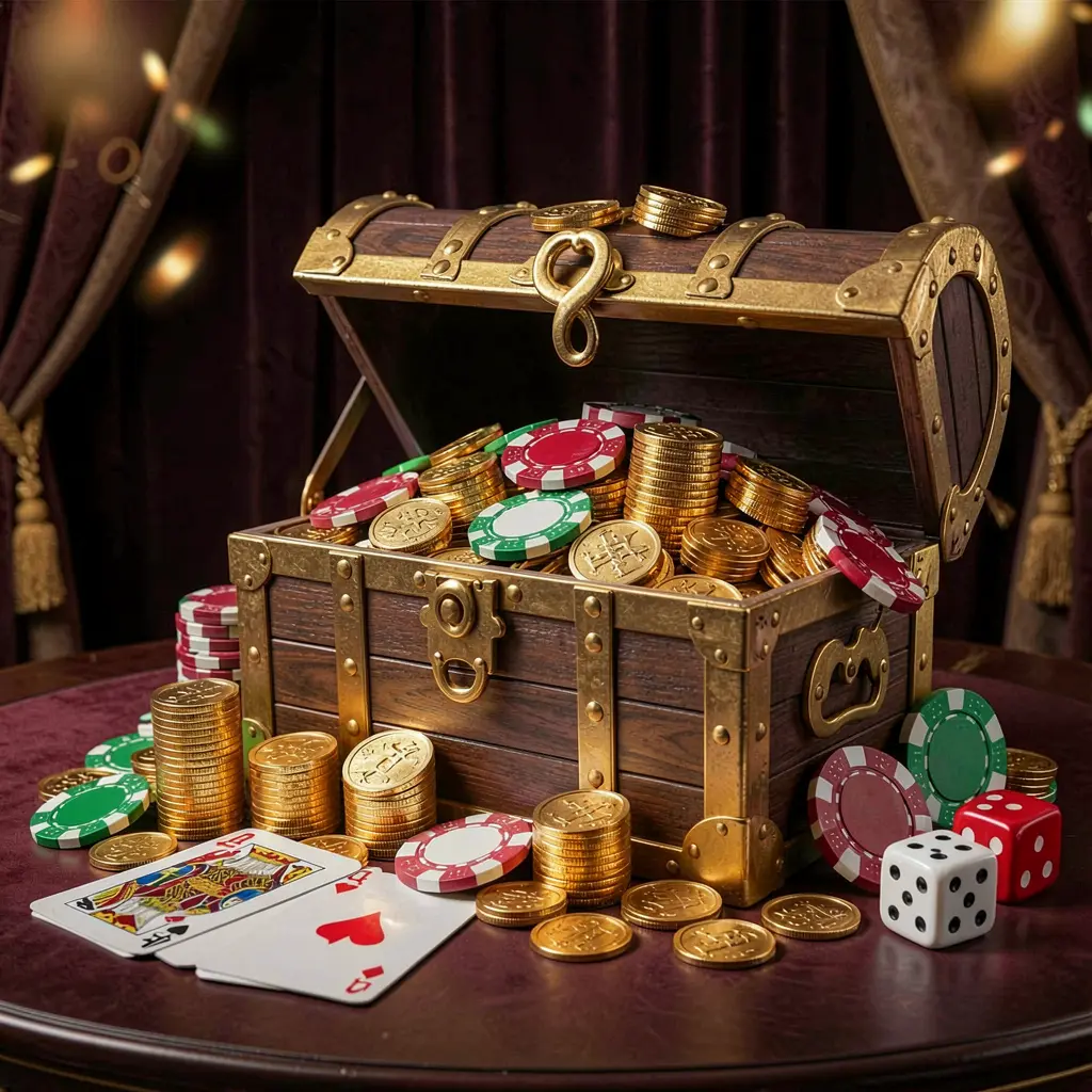 88KITA online casino welcome banner featuring a treasure chest filled with golden coins and casino chips, playing cards and dice nearby on a dark luxury background with a festive premium atmosphere